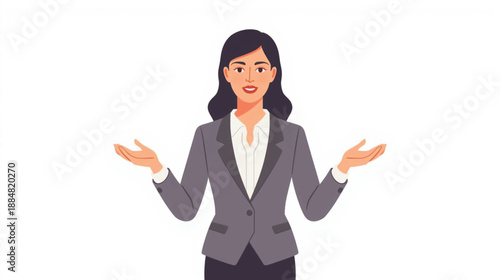 Professional businesswoman with an open gesture seemingly offering options or explanation