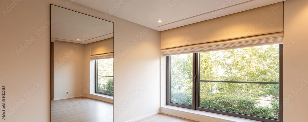 Fototapeta premium Minimalist room with large mirror reflecting windows and lush greenery, modern interior design, natural light, interior photography, home decor, light interior, light reflect