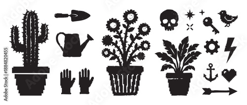 Collection of black grunge stamp icons featuring potted plants, a skull, gardening tools, and various pixelated symbols like a heart, bird, and arrow in a graphic design set