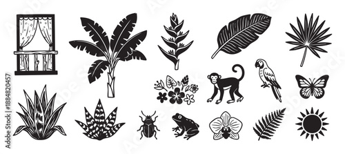 Set of black tropical jungle illustrations with animals and plants in a hand-drawn linocut style, featuring a monkey, parrot, frog, and various exotic flora elements