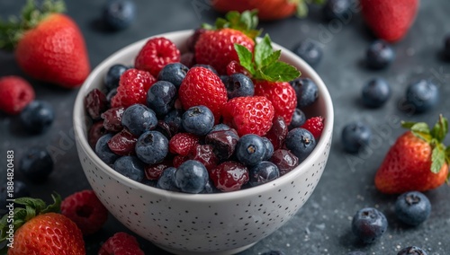 Bowl Filled With Fresh Strawberries and Blueberries on Wooden Table in Daylight