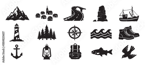 Collection of black travel and adventure icons featuring a mountain, lighthouse, compass, and backpack in a rustic, hand-drawn linocut style for exploration themes