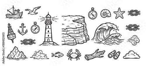 Nautical themed hand-drawn icon set collection featuring a lighthouse, ship, anchor, wave, compass, and other marine elements in a vintage black and white sketch style