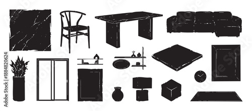 Set of black furniture silhouettes with a distressed grunge texture, including a sofa, chair, table, and various home decor elements for interior design concepts