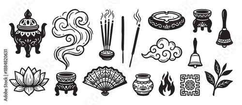 Collection of black Asian spiritual symbols including an incense burner, lotus flower, fan, and bell, illustrated in a hand-drawn linocut vector style for meditation and aromatherapy concepts