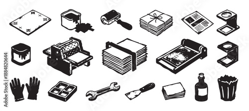 Collection of monochrome printmaking tool icons in a hand-drawn woodcut style, featuring a letterpress, ink, brayer, paper, and other typography equipment in an isometric perspective