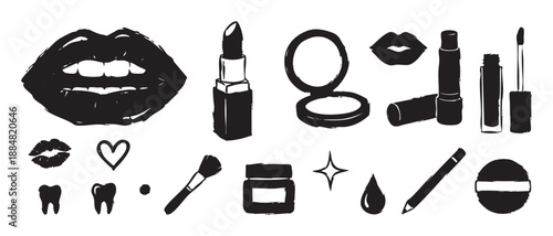 Collection of black hand-drawn makeup icons featuring lipstick, lips, powder, brush, and other beauty elements in a graphic, grunge, and brush stroke artistic style