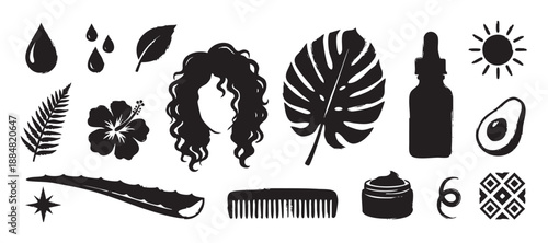 Set of black hair care icons with a grunge brush stroke texture, featuring natural ingredients like aloe, avocado, and tropical plants for organic beauty products