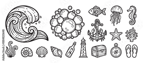 Hand-drawn set of nautical icons with a wave, anchor, seahorse, jellyfish, and other marine life elements presented in a charming black and white doodle line art style