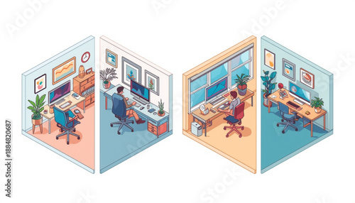Cloud icon, wifi, and sync isometric illustration of two office rooms with coworkers working at desks in a modern workspace environment with plants and windows