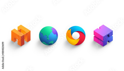 Cloud icon, wifi, and sync a colorful 3d rendering of four logos on a, representing different brands or companies in a creative and modern style
