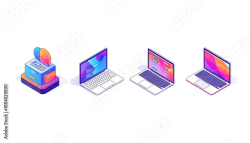 Cloud icon, wifi, and sync colorful isometric illustration of a cash register and three laptops with vibrant screens
