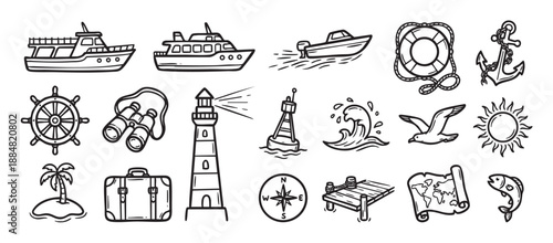 Collection of hand-drawn nautical icons featuring a ship, lighthouse, anchor, and compass in a simple black and white doodle style for sea travel, adventure, and vacation themes