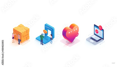 Cloud icon, wifi, and sync colorful 3d isometric icons of delivery box, arch, heart, and laptop with heart on screen