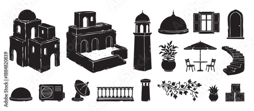 Collection of black hand-drawn architectural elements featuring Mediterranean-style buildings, a minaret, furniture, and decorative objects in a rustic linocut vector style