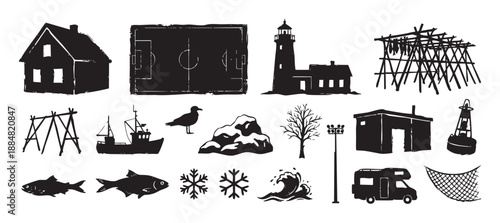 Collection of black hand-drawn coastal icons featuring a lighthouse, fishing boat, drying rack, house, and other northern seaside village elements in a rustic linocut style