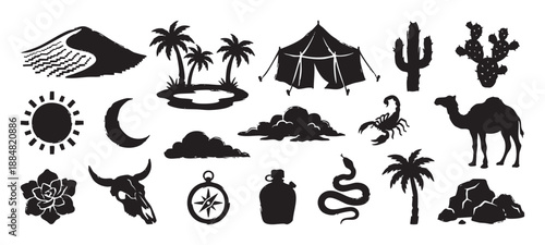 Set of desert-themed black silhouettes featuring a camel, scorpion, cactus, and oasis in a graphic, hand-drawn style illustration for various design concepts