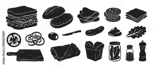 Collection of black food illustrations featuring a sandwich, deli ingredients, bread, vegetables, and condiments in a bold, graphic hand-drawn linocut style