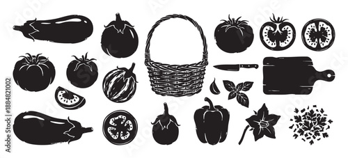 Black and white linocut style set of fresh vegetables including eggplant, tomato, pepper, and herbs with a basket, knife, and cutting board for a rustic farm market concept
