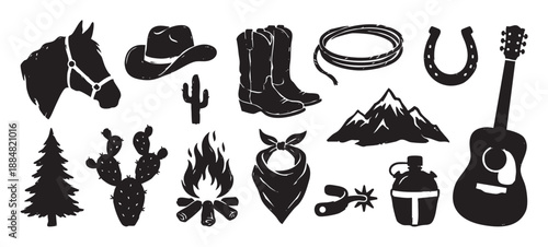 Collection of black hand-drawn western themed icons featuring a cowboy hat, boots, horse, guitar, campfire, and cactus in a rustic vintage silhouette illustration