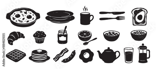 Collection of black breakfast food icons in a hand-drawn stamp style showing various morning meal items like eggs, pancakes, coffee, bacon, and toast for graphic design elements