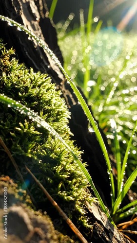Morning Dew Drops Adorn Lush Green Moss And Blades Of Grass