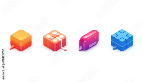 Cloud icon, wifi, and sync colorful 3d rendered icons of various objects on a plain white surface for graphic design