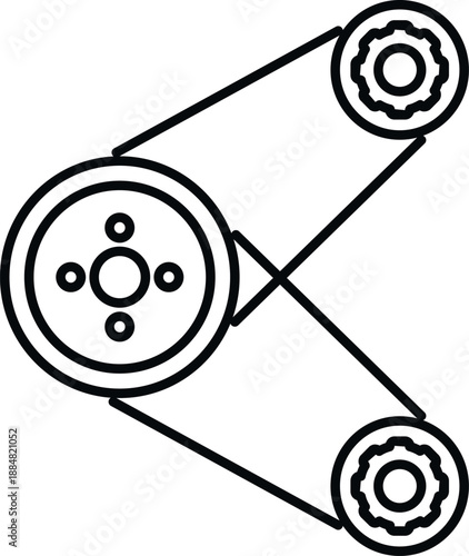 Timing belt linking a large pulley and two smaller gears in a mechanical system