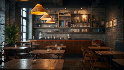 Cozy Interior of a Cafe With Wooden Tables and Warm Lighting During Evening H...
