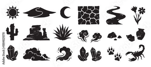 Collection of black desert themed icons with a saguaro cactus, scorpion, sun, moon, crystals, and paw prints, depicted in a simple, graphic, and rustic illustration style