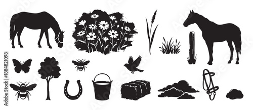 Collection of black farm and countryside silhouettes including horses, flowers, insects, a tree, and various agricultural elements in a graphic stamp style illustration set