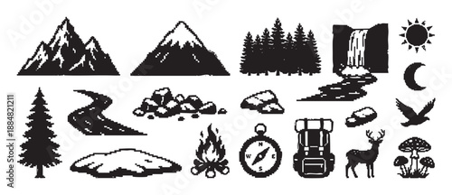 Black pixel art icons for camping and hiking feature mountains, a forest, a waterfall, a campfire, a compass, and a deer in a retro 8-bit video game style illustration
