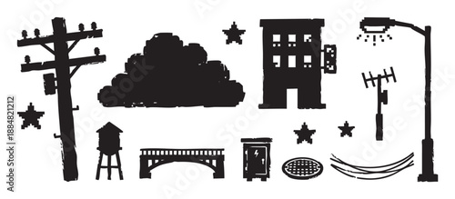 Collection of black urban element silhouettes including a building, utility pole, bridge, and water tower in a graphic, blocky, and textured artistic style for design