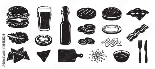 Collection of hand-drawn burger ingredients and fast food elements in a black and white woodcut style, including a hamburger, beer, patty, bun, cheese, and vegetables