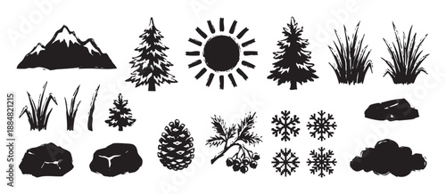 Set of black hand-drawn nature icons including a mountain, pine tree, sun, snowflake, and pinecone in a rustic grunge stamp style for outdoor adventure themes