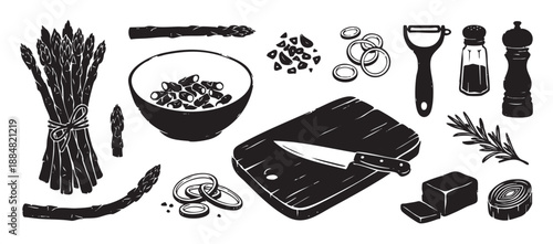 Collection of black and white cooking ingredients and utensils for preparing asparagus, including a cutting board, knife, butter, and spices in a rustic woodcut illustration style