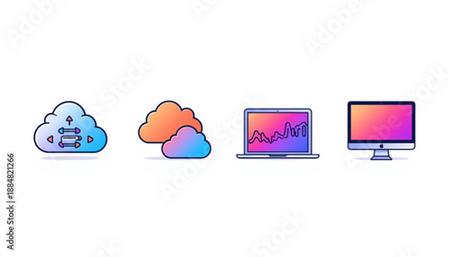 Cloud icon, wifi, and sync colorful icons of cloud computing, server, laptop and computer monitor on for business and technology concepts