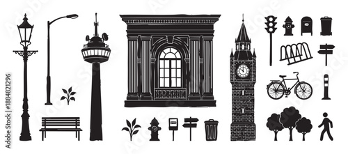 Black silhouette city elements icon set featuring urban objects like a clock tower, lamppost, bicycle, and building facade in a graphic vector style illustration collection