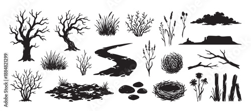 Set of black hand-drawn nature silhouettes featuring trees, grass, rocks, and desert elements in a rustic, vintage woodcut style for design and illustration