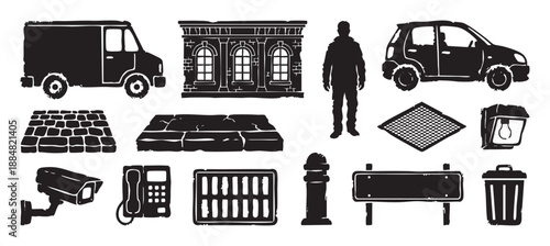Collection of black urban street objects in a hand-drawn grunge style, featuring a van, building, security camera, car, and other city life elements
