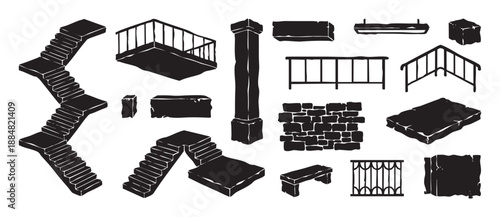 Collection of black hand-drawn architectural elements including stairs, pillars, walls, and railings in a rough, block-print style for construction or design concepts