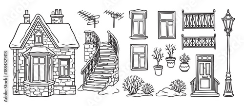 Hand-drawn collection of winter architectural elements including a stone cottage, stairs, windows, and a lamppost in a black and white outline sketch style for a constructor set