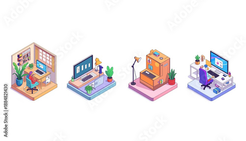 Cloud icon, wifi, and sync colorful isometric illustration of four different office workspaces with various furniture and decor