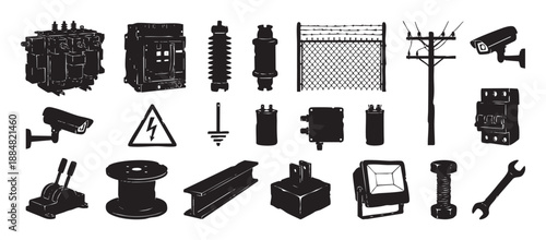 Set of black industrial equipment icons featuring electrical components, security cameras, a utility pole, and construction hardware in a bold, graphic, hand-drawn illustration style
