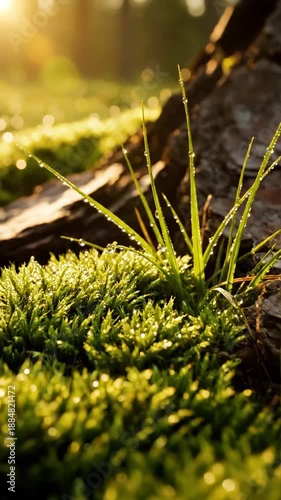 Morning Dew Drops Adorning Lush Moss And Blades Of Grass With Sun Flare