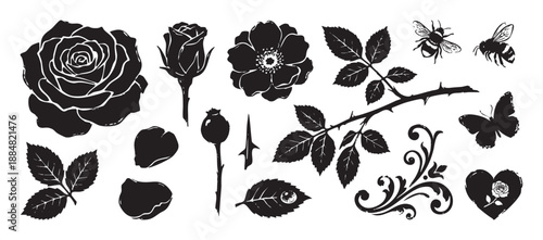 Collection of black rose flower illustrations with leaves, petals, bees, and a butterfly in a vintage linocut stamp style for decorative design elements