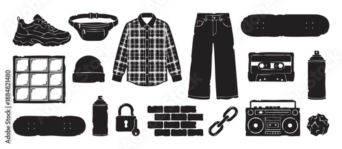 Collection of black grunge street style icons featuring clothing, skateboarding, and music elements from nineties youth culture in a bold, graphic silhouette vector illustration set