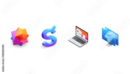 Cloud icon, wifi, and sync colorful 3d icons of star, dollar sign, laptop, and monitor