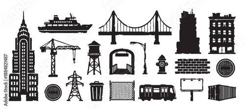 Large set of black urban and industrial city life icon silhouettes with a skyscraper, bridge, ship, crane, subway, water tower, and other elements