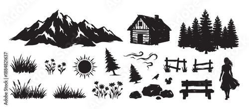 Set of black silhouette nature illustrations featuring a mountain, log cabin, pine forest, woman, and other outdoor elements in a rustic, hand-drawn sketch style